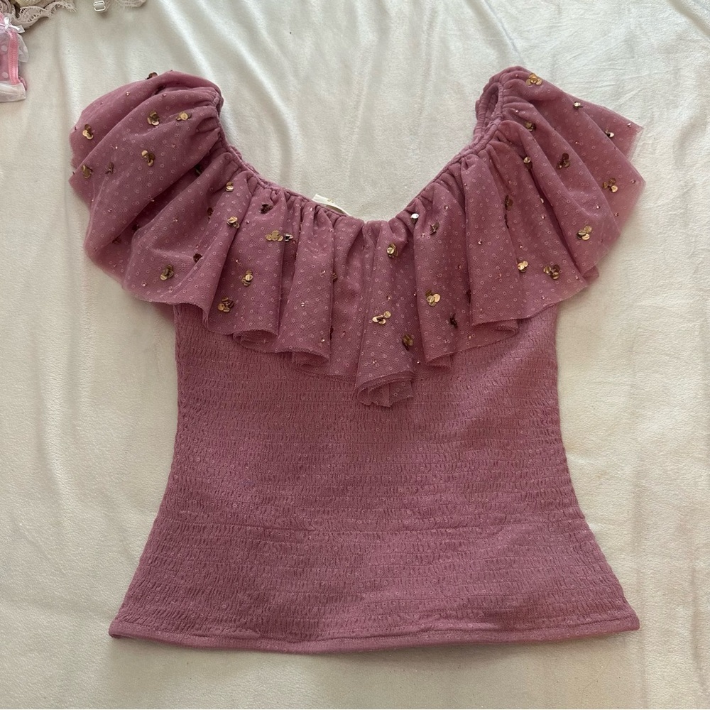 Anthropologie Mauve Ruffled Textured sequin Blouse 51422 - Picture 9 of 12
